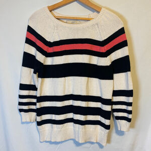 LOFT Ann Taylor Striped Cotton Sweater Navy Cream Coral Women’s Large